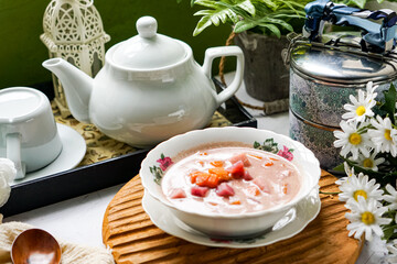 Bubur Cha Cha is a creamy coconut dessert with colorful cubes of purple, orange, and white sweet potatoes and yam. A traditional Southeast Asian dessert, particularly popular in Malaysia and Singapore