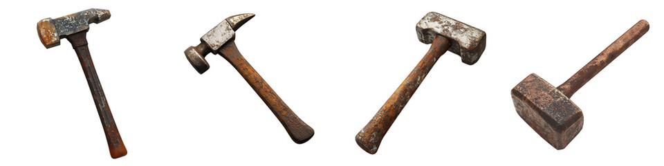 A collection of four distinct hammers, showcasing different designs and materials, emphasizing their tools' rugged and functional characteristics.