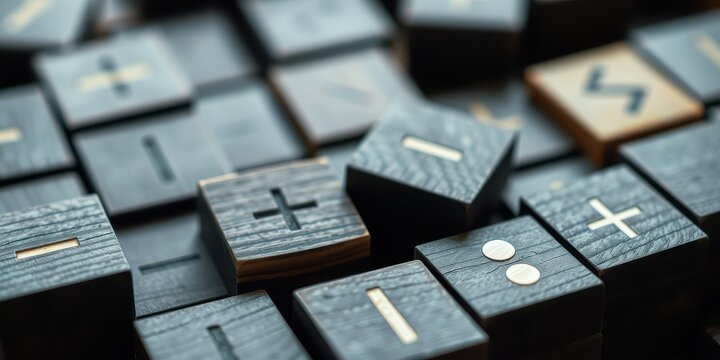 Close-up view of dark wooden blocks with incised symbols, showcasing a collection of mathematical and symbolic signs.