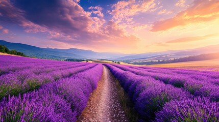 Naklejka premium Vibrant Lavender Fields Under a Stunning Sky at Sunset