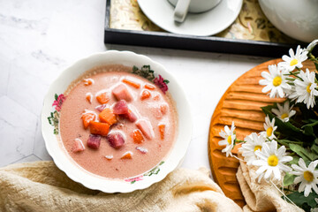Bubur Cha Cha is a creamy coconut dessert with colorful cubes of purple, orange, and white sweet potatoes and yam. A traditional Southeast Asian dessert, particularly popular in Malaysia and Singapore
