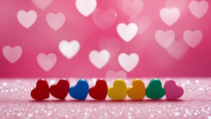 Collection of colorful hearts arranged on a sparkling surface with a soft pink background and bokeh effect