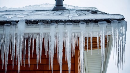Dangerous Icicles on Roof - Winter Home Ice Damage, Residential Building Maintenance Neglect, Ice Stalactites