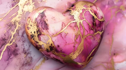 Heart-shaped object, pink and magenta marble texture, Kintsugi gold cracks, elegant and artistic, luxurious design, soft focus background, ethereal glow, premium aesthetic.