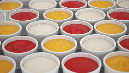 Dipping sauce cups full of ketchup, mayonnaise and mustard. 3D illustration