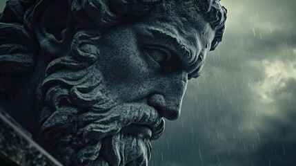 Statue of a God with a Majestic Beard in Dark Stormy Weather