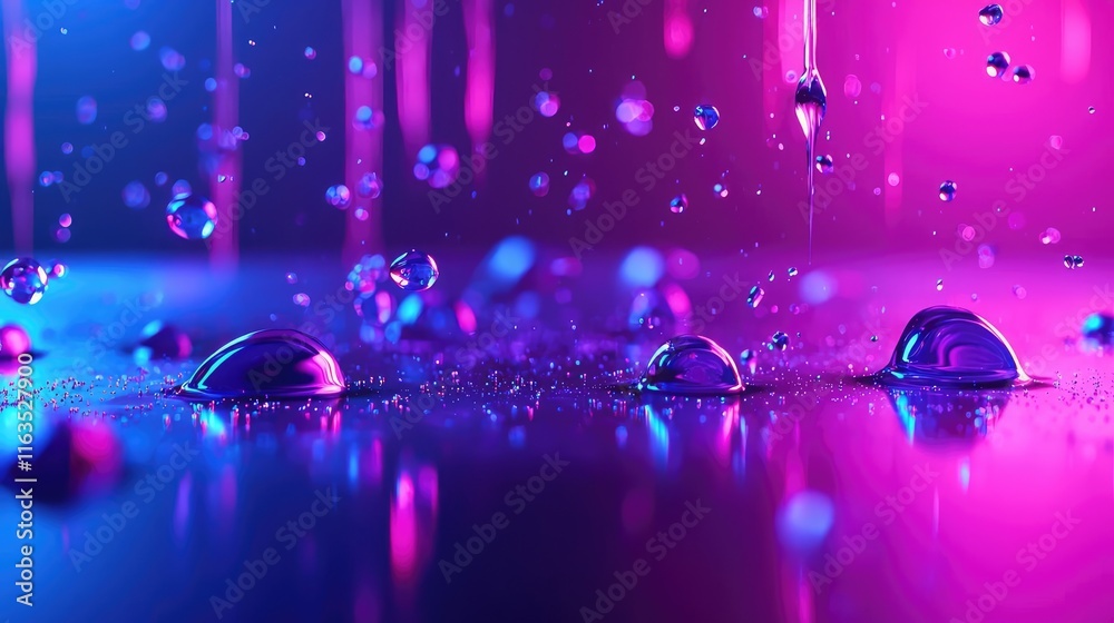 Poster splatter abstract background concept. vibrant water droplets reflecting colorful neon lights on a sm