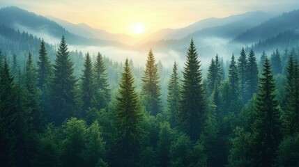 Fototapeta premium Majestic Sunrise Over Misty Mountain Forest
