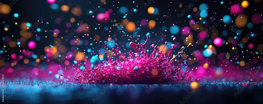 Poster Splatter abstract background concept. Vibrant colorful splash on dark background creating dynamic visual interest.