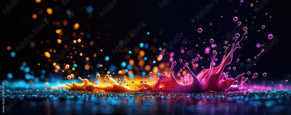 Poster Splatter abstract background concept. A vivid splash of colorful liquid droplets creating a mesmerizing visual effect.