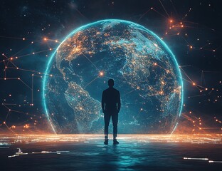 Global Network: A Silhouette Against a Futuristic Earth