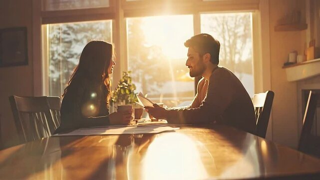 A couple enjoying a tranquil morning together, seated at a wooden dining table bathed in soft golden light. The simple and intimate setting reflects a peaceful domestic life.