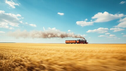 Vintage steam train moving across a golden wheat field on a sunny day.