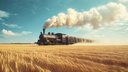 Obraz premium Vintage steam train moving through a golden wheat field under a vibrant blue sky with white clouds.