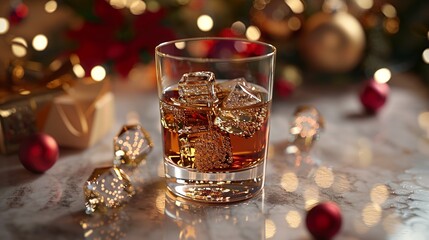 A glass of whiskey with ice cubes on a festive table, ideal for holiday marketing, beverage promotions, or festive celebration themes