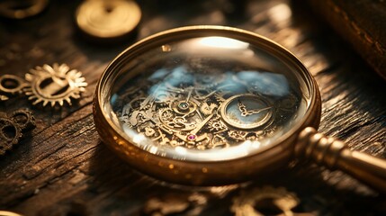 Antique clockwork mechanism magnified through a magnifying glass on a wooden surface.