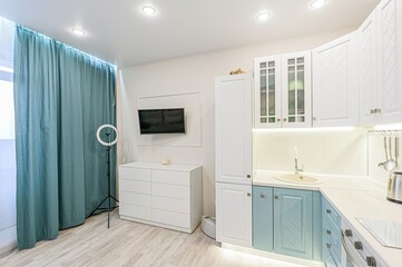 interior apartment kitchen and dining room, refectory area, cooking equipment, table furniture, stove