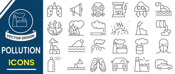 Pollution icon, vector set. Pollution line icon,  industrial waste, dust, noise pollution, air pollution, 
 protection, green energy,  plastic. Vector illustration.