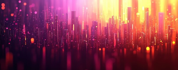 Obraz premium A vibrant, abstract digital landscape featuring colorful light streaks resembling a city skyline at dusk.