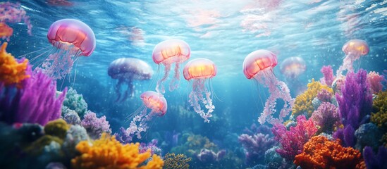 Fototapeta premium Underwater Jellyfish and Coral Reef.