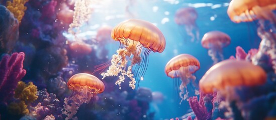 Vibrant jellyfish amongst coral reef.