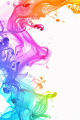 Rainbow-colored smoke splashes against a white backdrop, creating an abstract design suitable for a greeting card or poster.