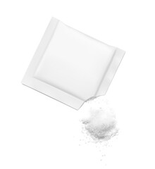 Torn sachet mockup with heap. Flat lay view. Vector illustration isolated on white background. Can be use for template your design, presentation, promo, ad. EPS10.