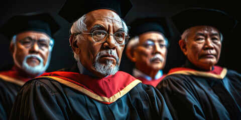 Fototapeta premium Judge in robe presides over process, reads verdict at justice trial in courthouse in vintage wooden interior.