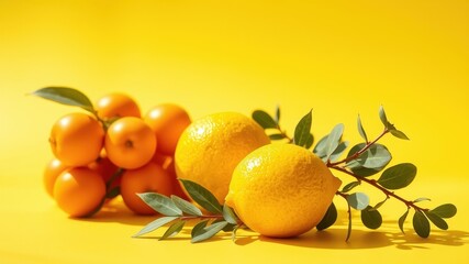 Vibrant citrus fruits and lush green leaves arranged on a sunny yellow background.