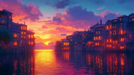 Fototapeta premium Colorful sunset over a tranquil canal city. Buildings with illuminated windows reflect in the water.