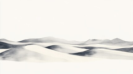Obraz premium Monochromatic desert landscape, featuring muted tones of gray and white, depicting sand dunes and low mountains. Soft, hazy, and serene vista.