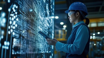 smart industry 4.0 futuristic technology concept, engineer use artificial intelligence combine augmented mixed virtual reality display, digital twin