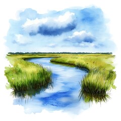 Naklejka premium Serene Watercolor Painting of a River Meandering Through a Lush Green Meadow Under a Blue Sky.