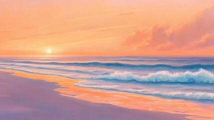 Obraz premium Serene beach sunset scene with gentle waves lapping at the shore.