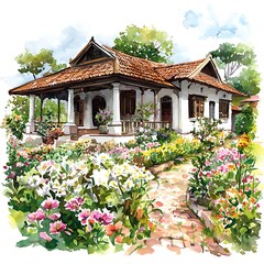 Watercolor Painting of a Charming Colonial-Style House Surrounded by a Vibrant Flower Garden.