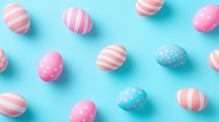 Obraz premium Pastel Easter Eggs on Blue Background: A Festive Spring Pattern