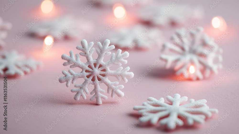 Poster Snowflake abstract background idea. Delicate white snowflakes scattered on a pastel surface with soft glowing lights.