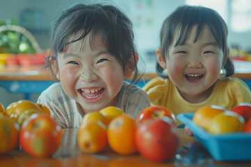 Fototapeta premium Two cute kids laughing and playing with fruit in the school lunch room, surrounded by vibrant colors and bright daylight.