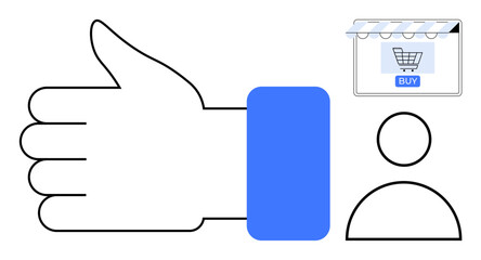 Large thumbs up hand with blue sleeve, shopping cart with Buy button under awning, abstract user profile. Ideal for e-commerce, online shopping, customer approval, user feedback, digital marketing