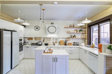 interior apartment kitchen and dining room, refectory area, cooking equipment, table furniture, stove