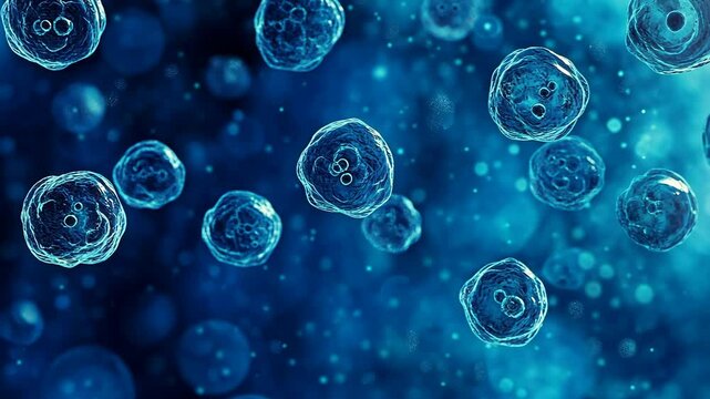 Unique microscopic view of cells in a blue environment showcasing biological activity and diversity