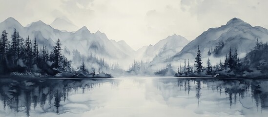 Naklejka premium Misty mountain lake landscape. (4)