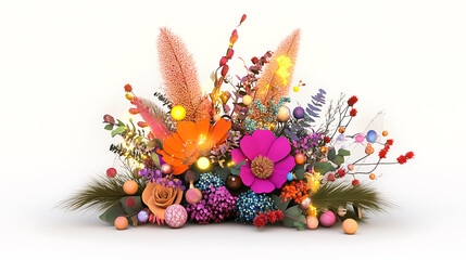vibrant boho floral centerpiece featuring colorful flowers, greenery, and decorative elements, perfect for celebrations