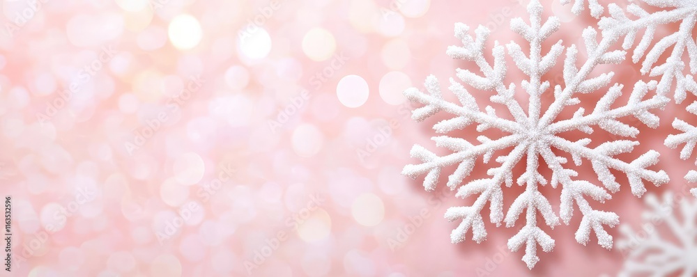 Poster Snowflake abstract background idea. A delicate snowflake adorns a soft pink background, evoking winter's serene beauty.