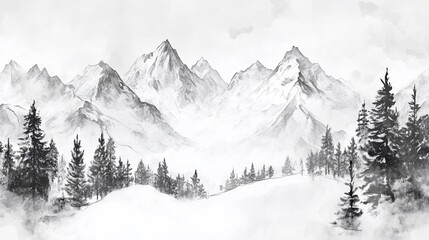 Monochrome winter mountain landscape with snow-capped peaks and evergreen forest.