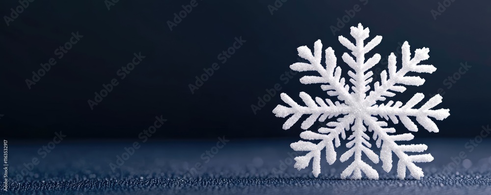 Poster Snowflake abstract background idea. A detailed snowflake resting on a dark surface, showcasing its unique crystals and shapes.