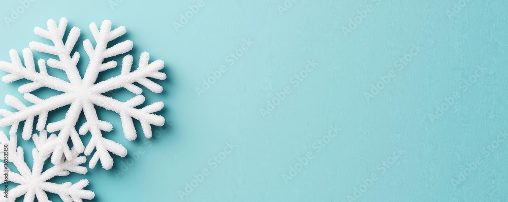 Poster snowflake abstract background idea. a close-up view of white snowflakes on a bright blue background,