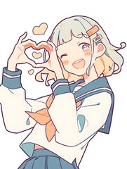 Anime style, smiling girl making heart with hands, Generative AI