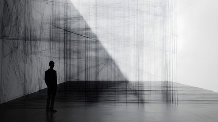 Fototapeta premium Minimalist Abstract Scene Featuring a Silhouette in Monochrome with Intricate Lines and Light, Creating an Ethereal Atmosphere of Depth and Perspective