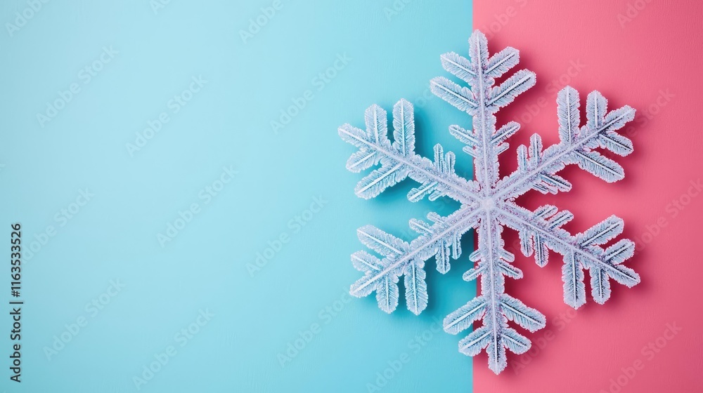 Poster Snowflake abstract background idea. Colorful snowflake on a split pastel background representing winter and holidays.